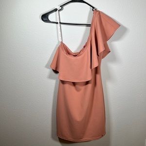 NWT woman’s Guess asymmetrical mini dress SZ large one shoulder satin Rose